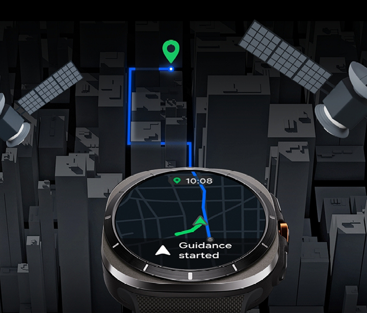 An illustration of a city skyline with the Galaxy Watch Ultra at the bottom showing the navigation feature in action.
