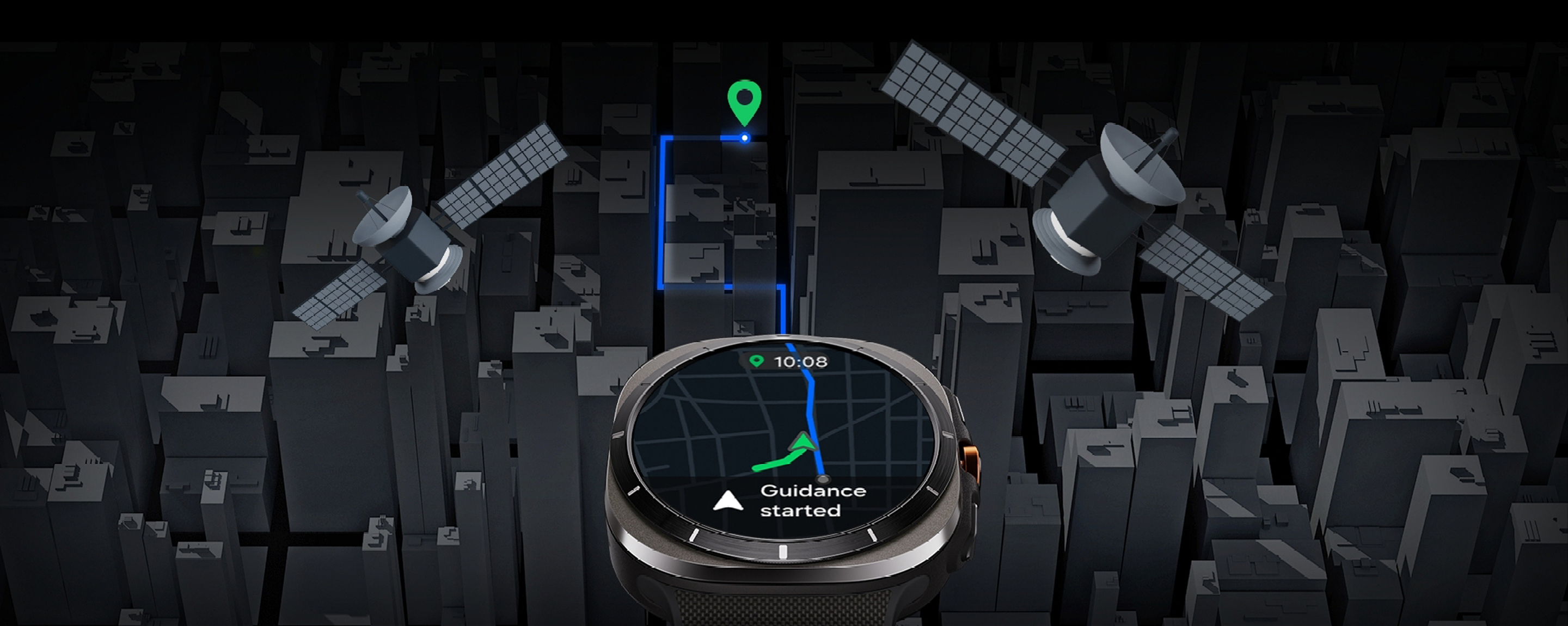 An illustration of a city skyline with the Galaxy Watch Ultra at the bottom showing the navigation feature in action.