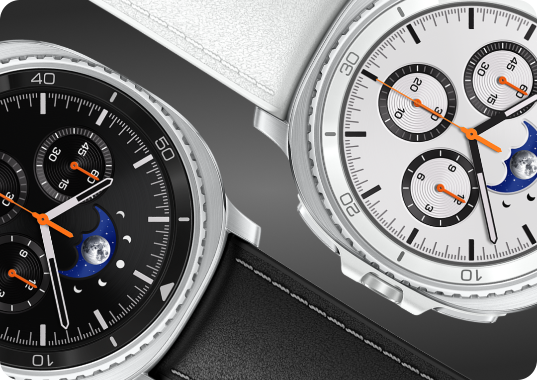 An image of Galaxy watch 8 in black and white colourways