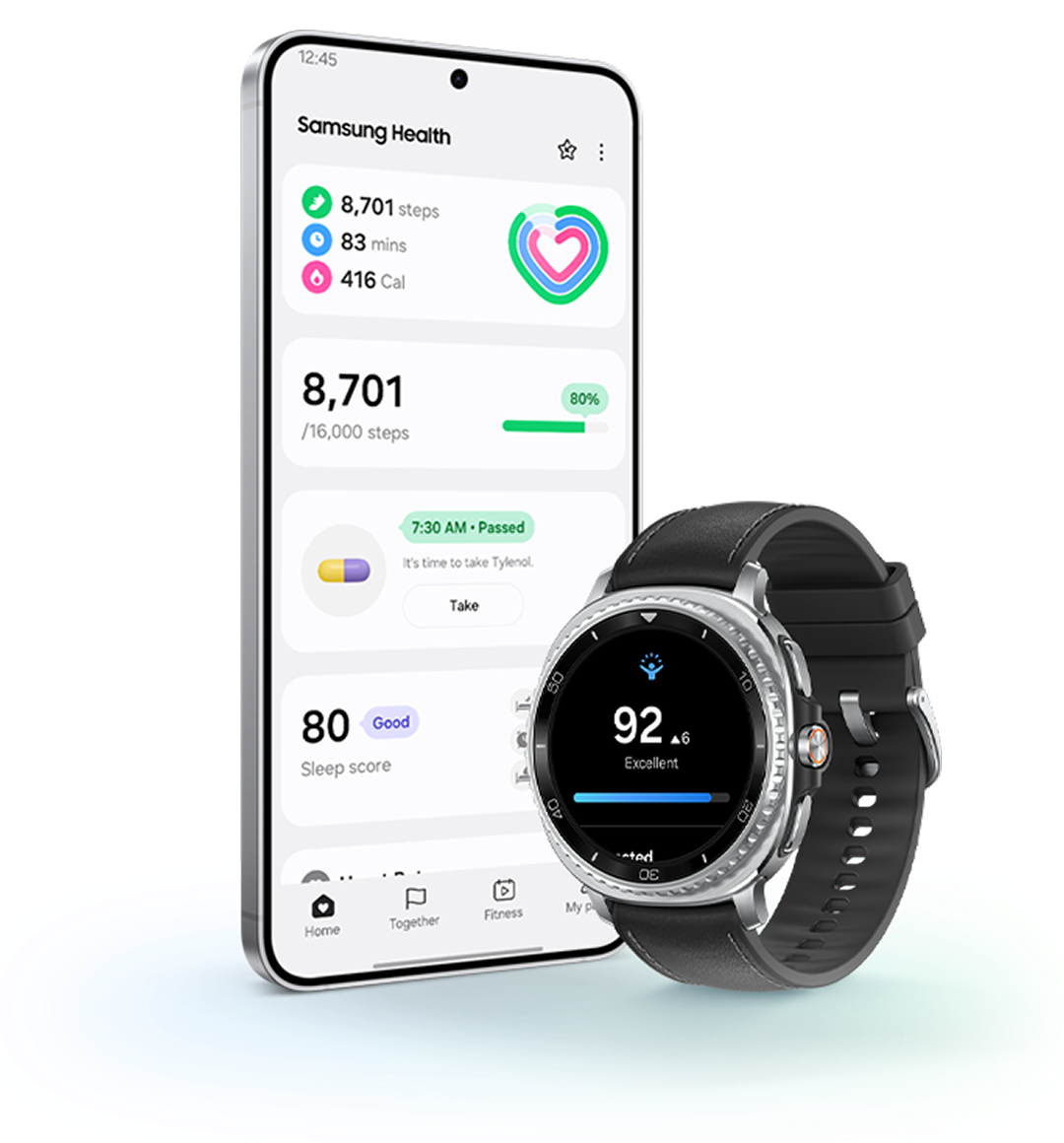 Samsung phone and watch side-by-side with Samsung Health app open with statistics values shown.