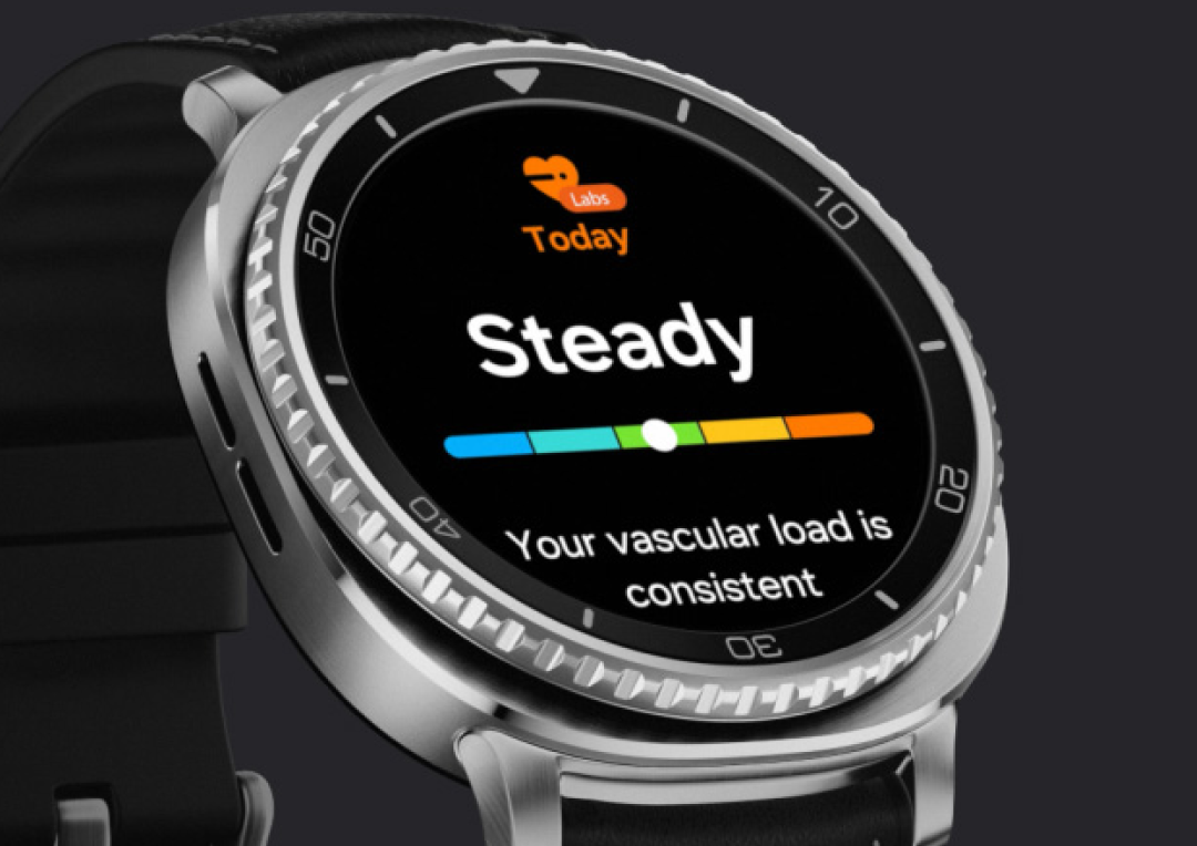 A close-up of the device showing a heart health reading