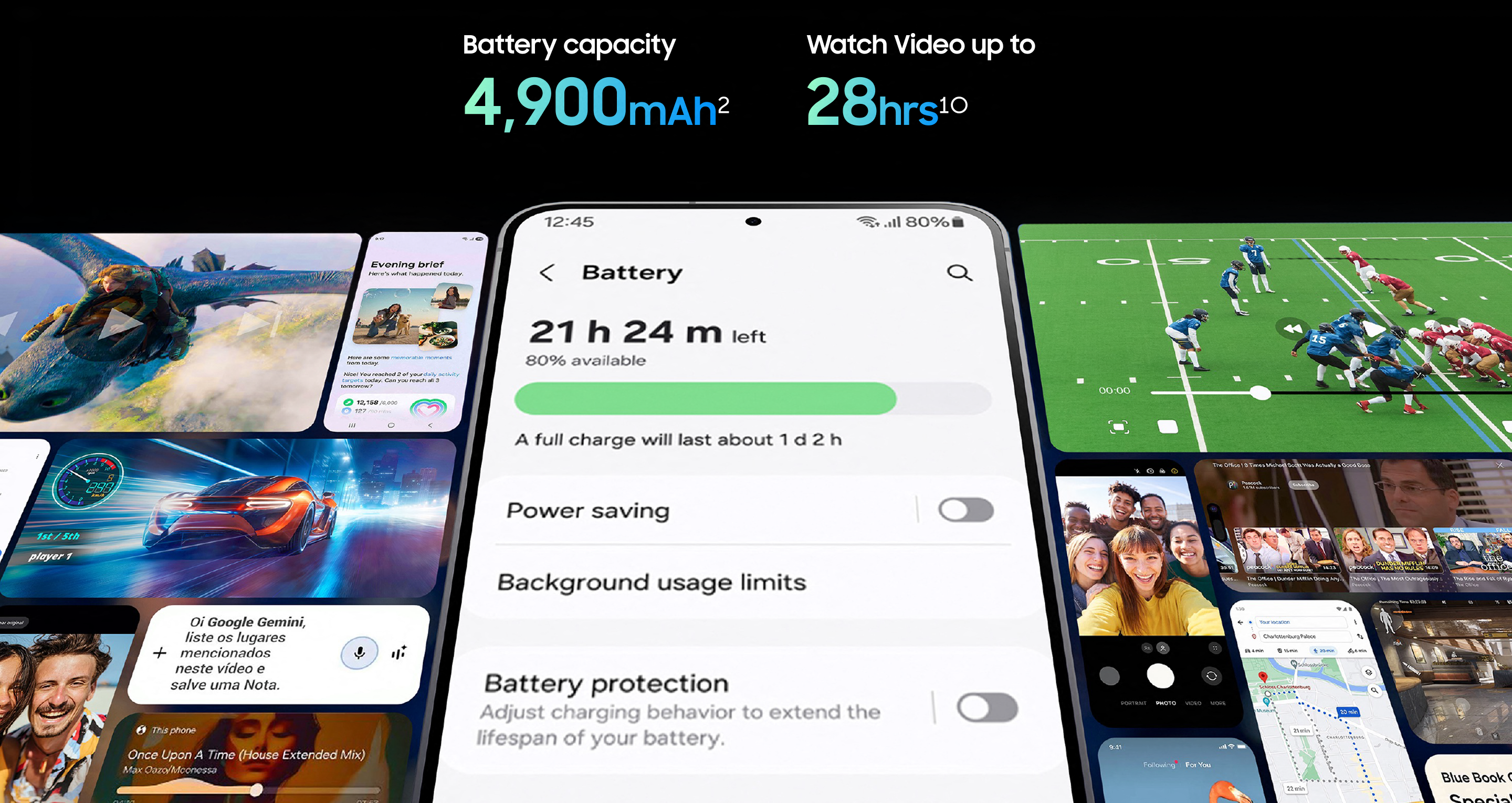 An illustration showing the battery capacity and a collage of different images using the phone