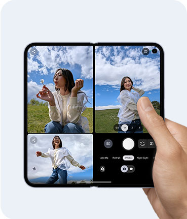 The image shows the Pixel 10 Pro Fold's camera app, with a preview displayed on one screen and a gallery of images on the other