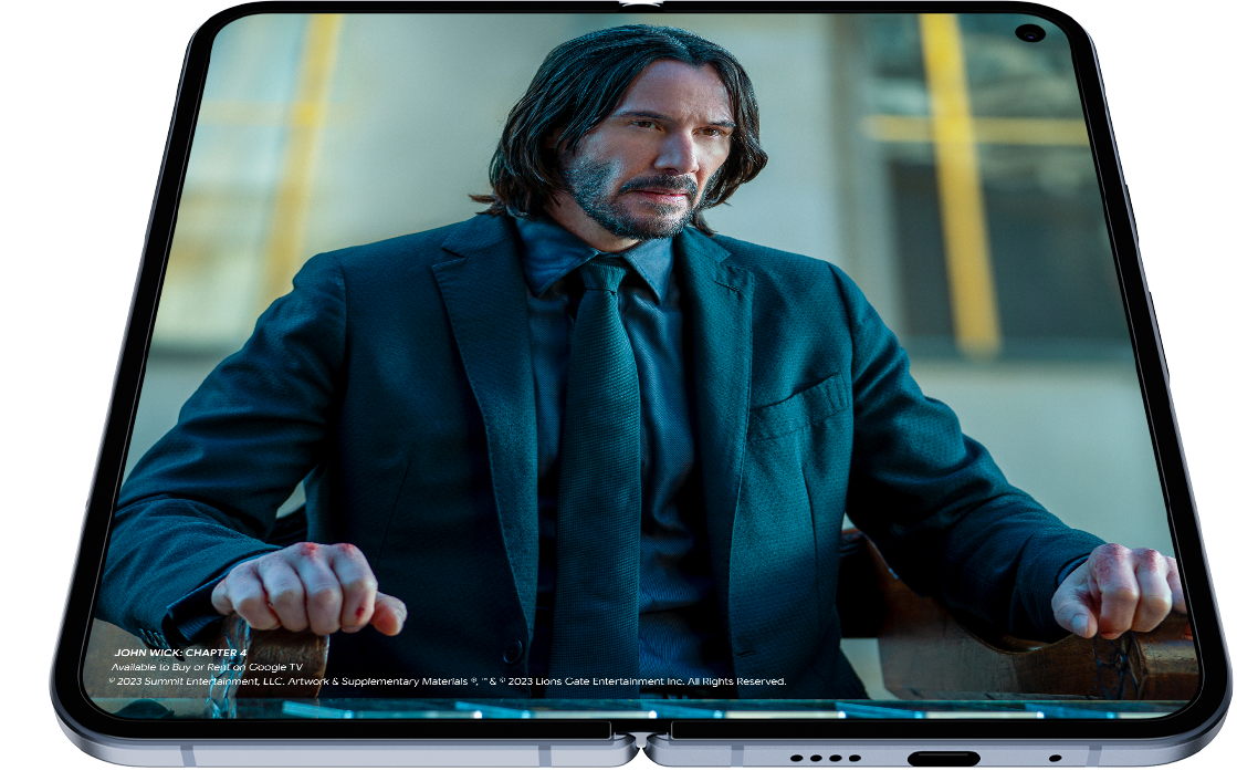 The Google Pixel 10 Pro Fold shows the film 'John Wick: Chapter 4' on its internal screen via Google TV.