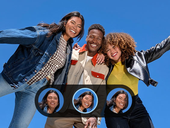 Image shows a group of three people and how Pixel's Auto Best Take camera feature can improve the final image