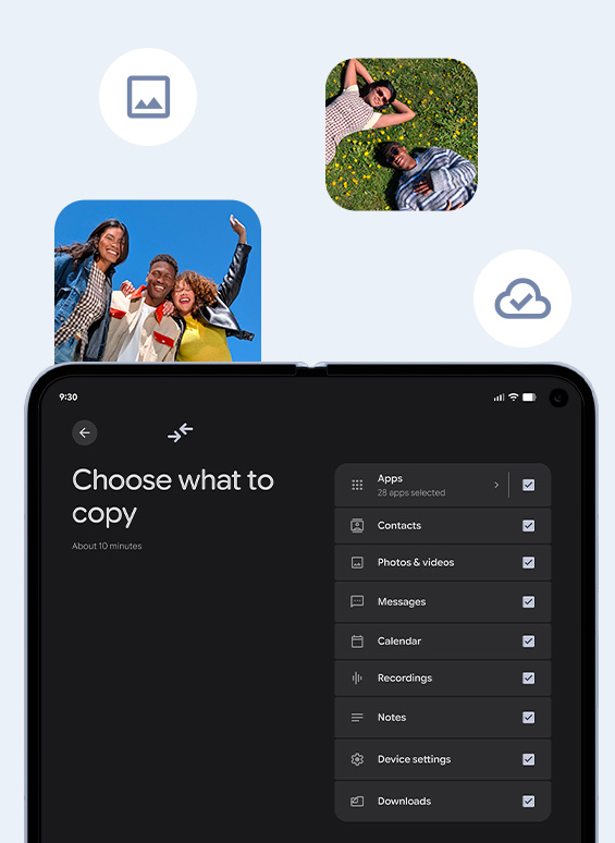 The Google Pixel 10 Pro Fold screen showing data being selected for transfer, including apps, contacts, and photos