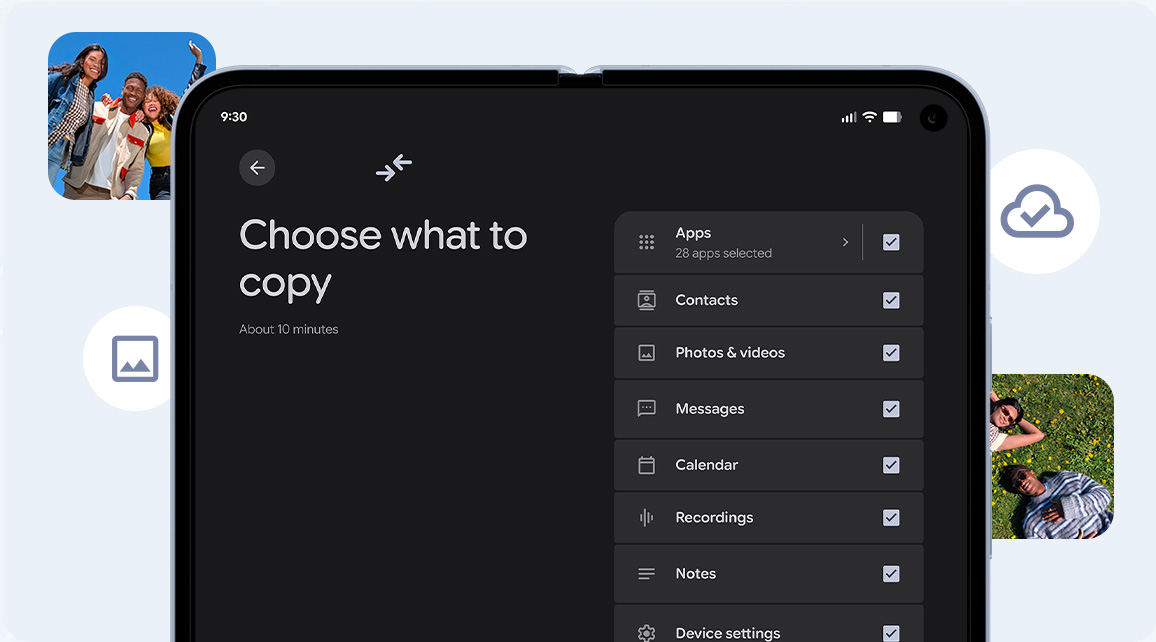 The Google Pixel 10 Pro Fold screen showing data being selected for transfer, including apps, contacts, and photos