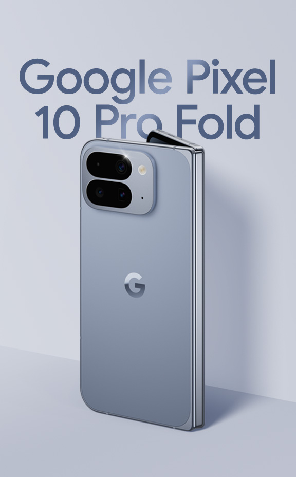 Google Pixel 10 Pro Fold in Moonstone leaning against a wall 