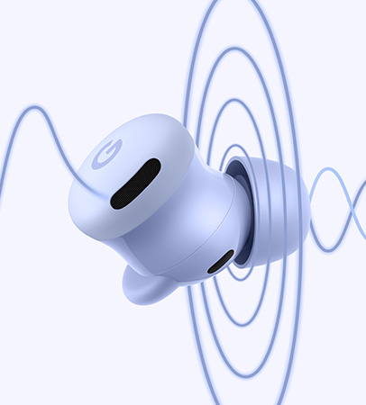 Image of the Pixel Buds 2a in Iris colour flying through a soundwave