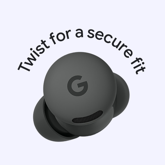 Image of Pixel Buds 2a in Hazel colour with text saying 'twist for a secure fit'
