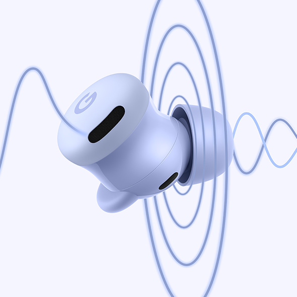 Image of the Pixel Buds 2a in Iris colour flying through soundwaves