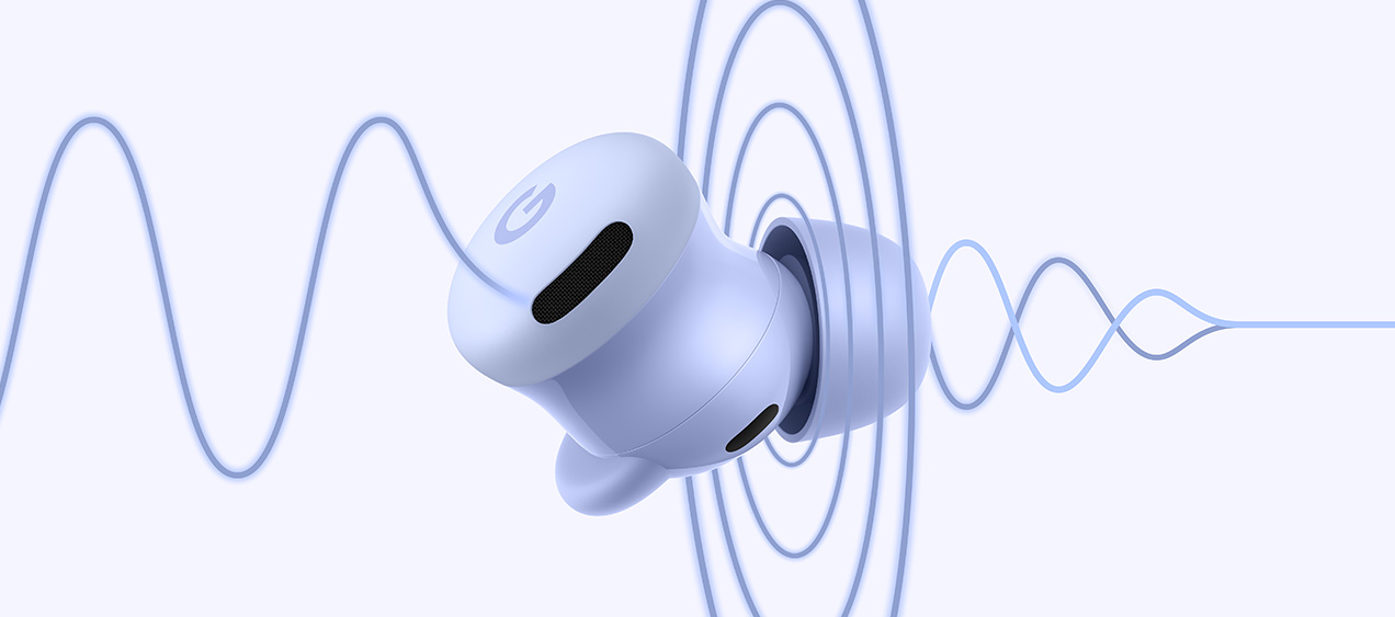 Image of the Pixel Buds 2a in Iris colour flying through soundwaves