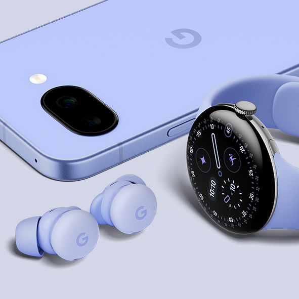 Close-up product shot of a Pixel 9a, a Pixel Watch and the Pixel Buds 2a – all in Iris colour
