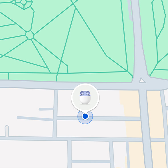 The image shows a map indicating the location of someone's Pixel Buds 2a using the Find Hub feature