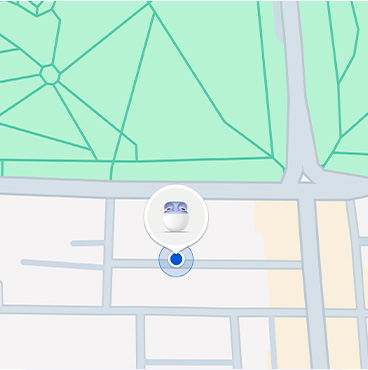 The image shows a map indicating the location of someone's Pixel Buds 2a using the Find Hub feature