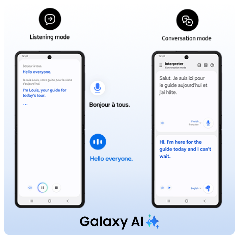 A screen demo of listening mode and conversation mode with Galaxy AI to translate audio and text