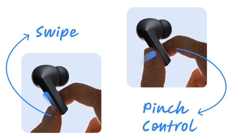 Two pictures of fingers swiping and pinching the Buds3 FE to control the audio