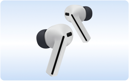 Buds3 FE floating in the air, highlighing their thin design