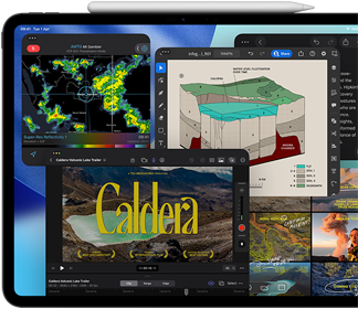 iPad Pro, front exterior, landscape orientation, space black colour, Apple Pencil resting atop device, display showing multiple app windows tiled, including Final Cut Pro with multiple video editing features and timeline, Maps, Notes and various media clips