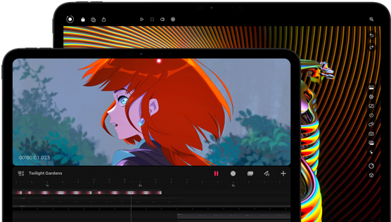 13‑inch iPad Pro and 11‑inch iPad Pro, front exterior, landscape orientation, space black colour, rounded corners, black display bezel, 11‑inch display showing a vibrant image of a character with red hair, 13‑inch display showing colourful photo editing interface elements