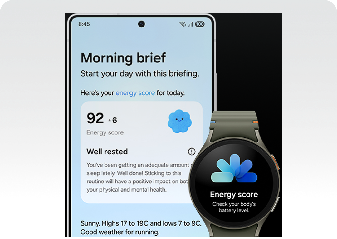Morning brief showing energy score on mobile and watch.