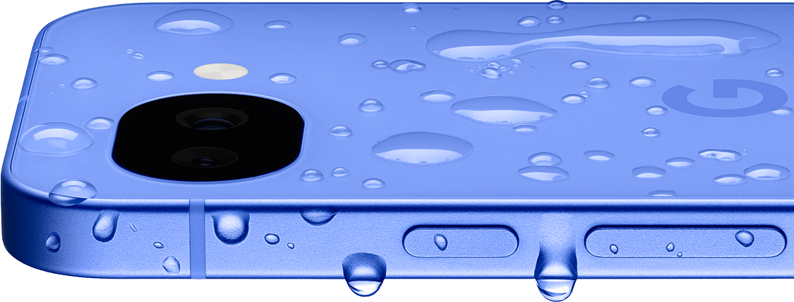 Image of Pixel 10a device in Lavender, with water droplets to depict water resistant feature. 