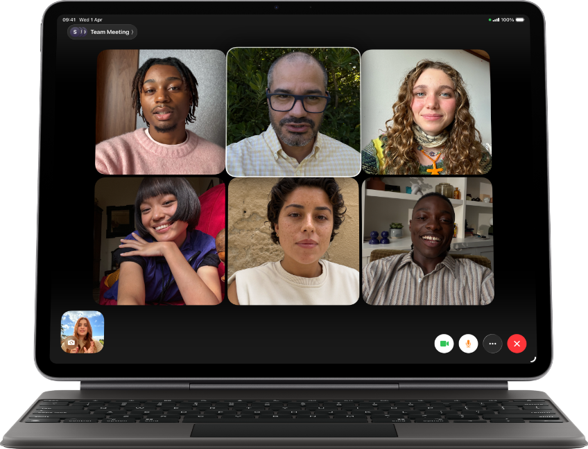 iPad Air, attached to Magic Keyboard, Black colour, Group FaceTime call on screen
