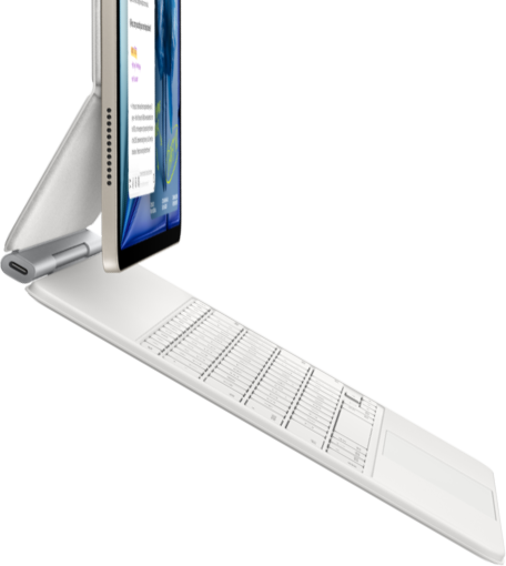iPad Air, Starlight colour, attached to Magic Keyboard, white colour, side exterior