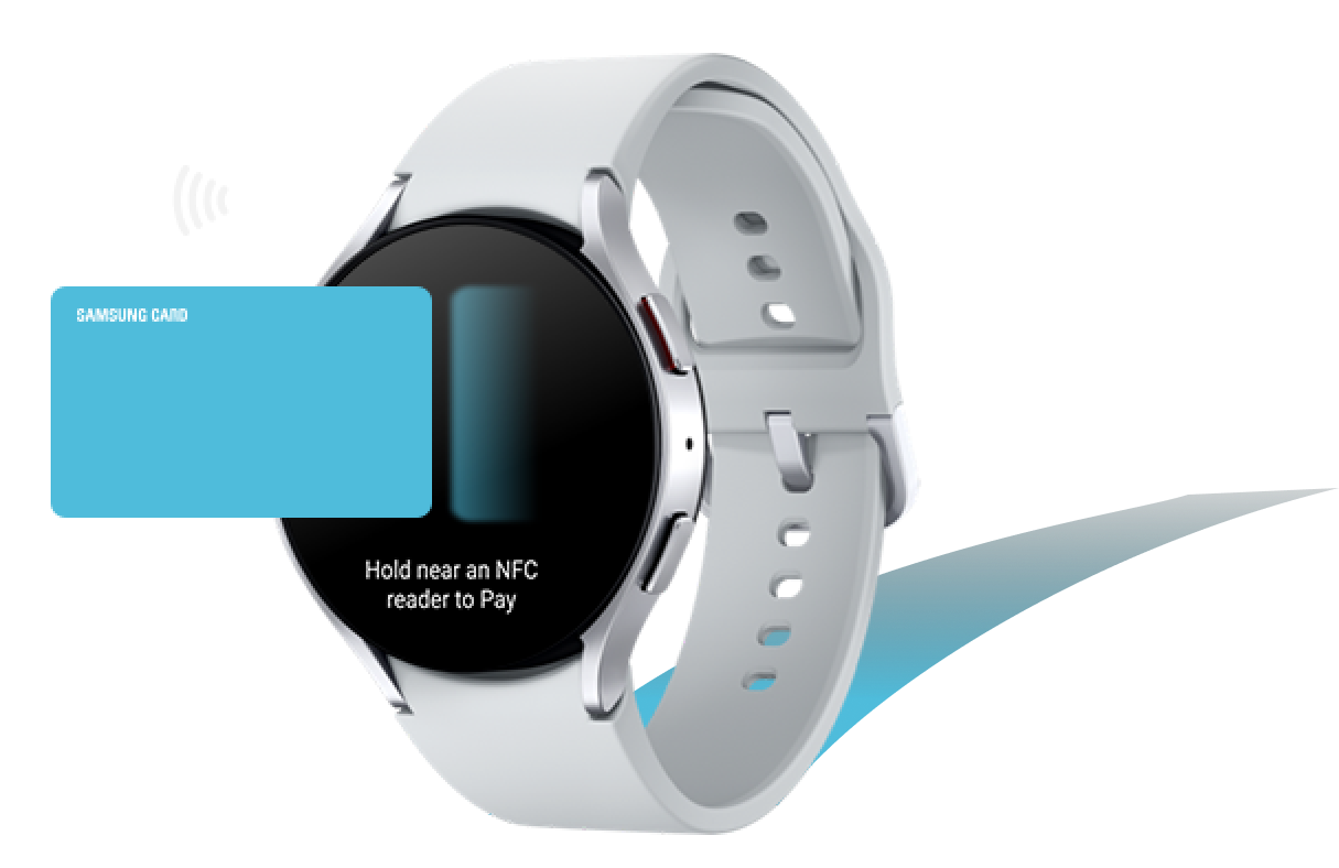 A watch6 and illustration of a credit card demonstrating using the watch to make payments