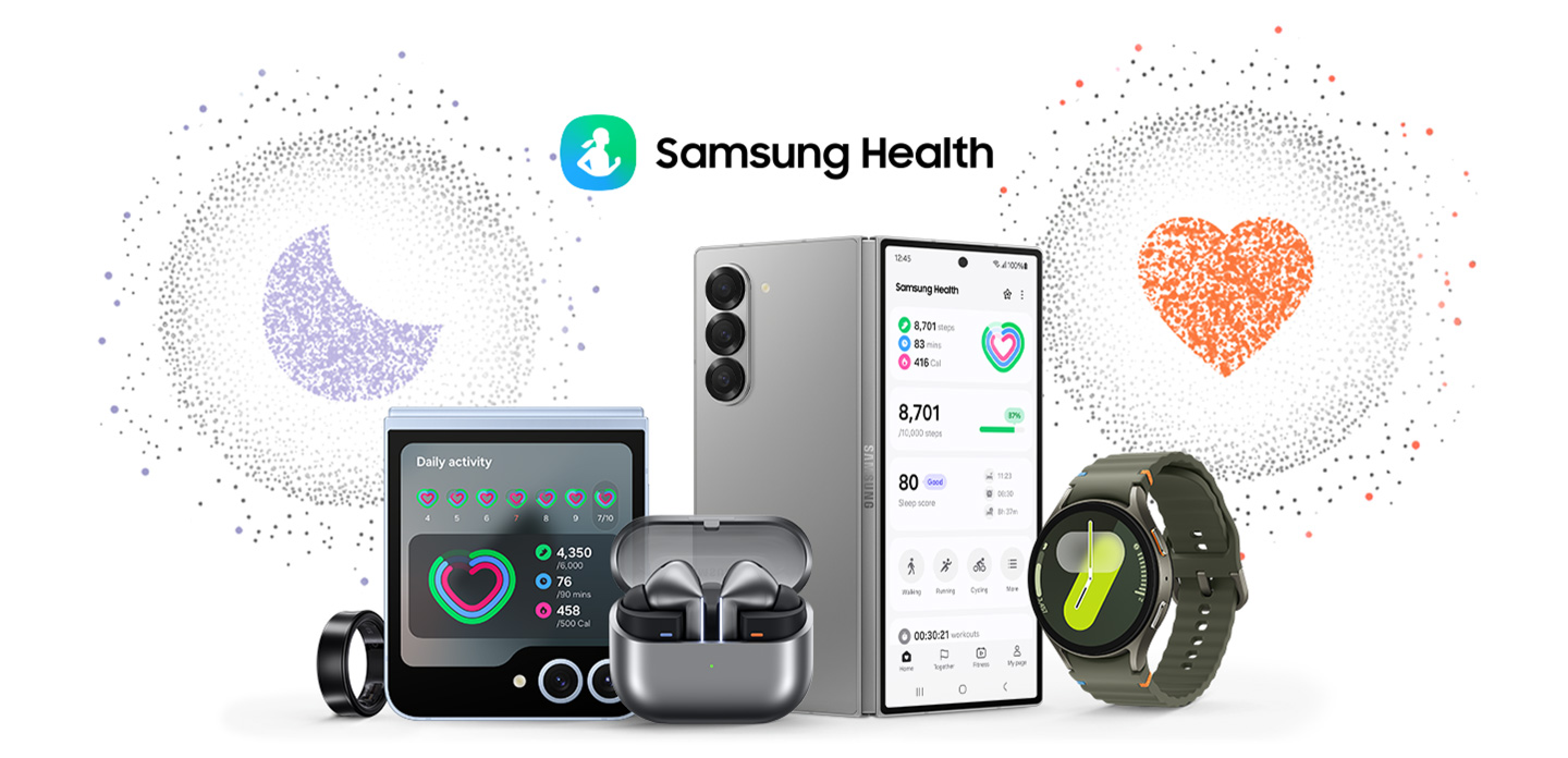 A display of Samsung Galaxy Devices; Watch, Phone, Earbuds, Flip Phone and Ring