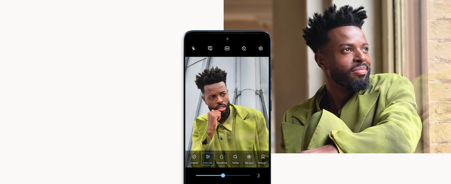 Phone display: Camera Smart Adjust and photo of man posing