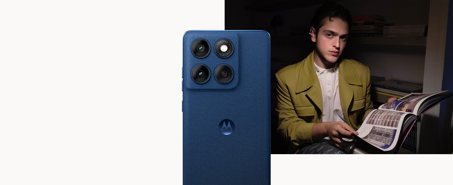 Image of back of Razr 60 and image of man holding a book