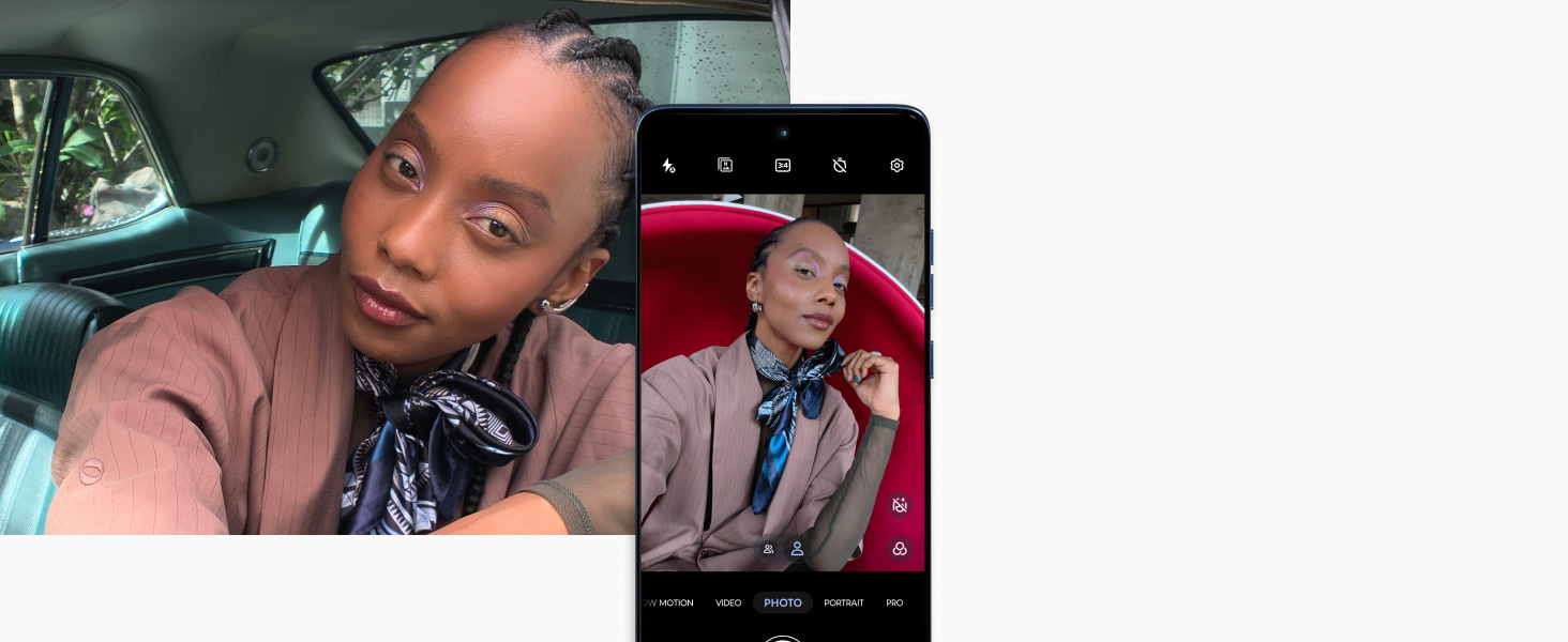 Image of woman posing and a phone screen show camera app selfie cam